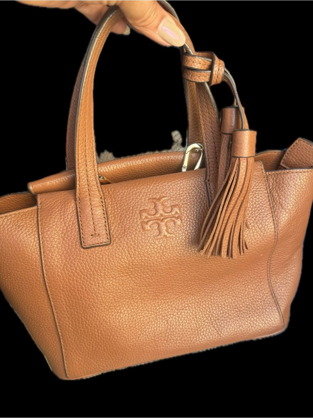 Tory Burch Tan Pebbled Leather Tote with Tassel